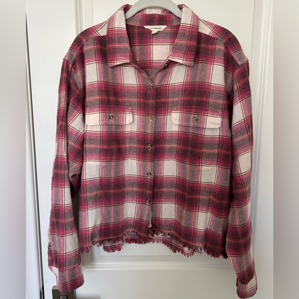 Lucky Brand Cropped Button Down Pink Plaid Long Sleeve Shirt With Raw Hem